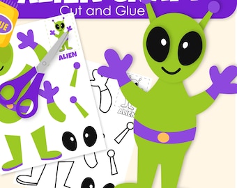 May include: An Alien Craft Cut and Glue activity sheet featuring a green alien character with purple gloves and boots. The set includes a glue bottle, scissors, and printed paper templates for assembling the alien figure, with the text ALIEN CRAFT.