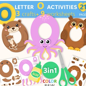 May include: A digital activity set for the letter O featuring 21 pages, 3 crafts, and 9 worksheets. The design includes an otter, an octopus, and an owl shaped like the letter O, alongside a glue bottle, green scissors, and printable templates.