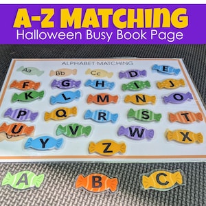 Halloween Alphabet Letter Candies A-Z, Sweet ABC, Trick or Treat Match Activity Busy Book Fall Upper and lower case letters printables PDF