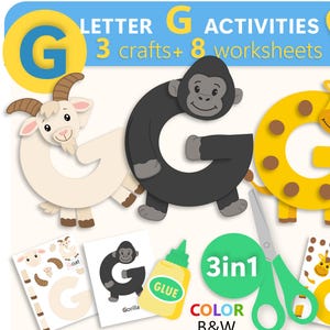 Può includere: Un set di attività digitali sulla lettera G con illustrazioni di capra, gorilla e giraffa. Include 20 pagine con 3 lavoretti e 8 schede, un flacone di colla e forbici verdi. Testo: Letter G Activities, 3in1, Color, B&W, Instant Digital Download.