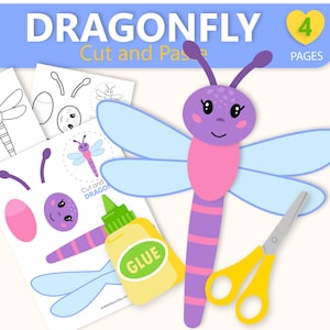 Dragonfly Cut & Paste Craft: Kids Coloring Page, Paper Insect Template (Digital Download