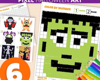 Halloween Color By Number: Pixel Art Worksheets - Set of 6 (Digital Download PDF)