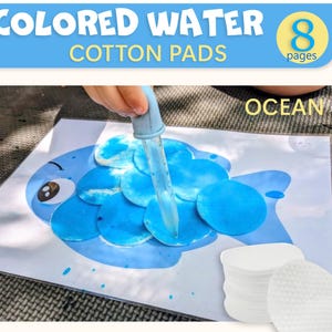 Puede incluir: Un proyecto de manualidades con una ilustración de pez azul y almohadillas de algodón que se colorean con agua azul. El texto "COLORED WATER COTTON PADS" y "OCEAN" son visibles. Una pila de almohadillas de algodón blancas está en la esquina inferior derecha. Las palabras "INSTANT DOWNLOAD" están en la parte inferior.