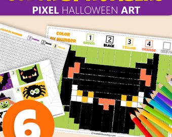 Halloween Color By Number: Pixel Art Worksheets, Mystery Coloring Pages (Digital Download PDF)
