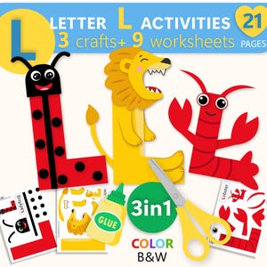May include: A digital activity set titled Letter L Activities featuring 21 pages with 3 crafts and 9 worksheets. The image displays letter L shapes styled as a ladybug, a lion, and a lobster, alongside a glue bottle, yellow scissors, and craft templates.