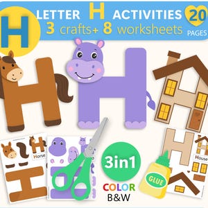 May include: Educational activity set for the letter H featuring 20 pages, 3 crafts, and 8 worksheets. Includes illustrations of a brown horse, a purple hippo, and a house shaped like the letter H, along with green scissors and a bottle of glue.