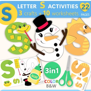 Peut inclure: Un ensemble d'activités numériques intitulé LETTER S ACTIVITIES comprenant 22 pages, 3 bricolages et 10 fiches. L'image montre un serpent vert, un bonhomme de neige et un hippocampe en forme de S, avec de la colle, des ciseaux et des modèles.