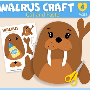 May include: A printable craft activity featuring a cartoon walrus. The walrus is brown with white tusks and has a friendly expression. The craft includes a glue bottle and instructions to cut and paste the pieces together. The title of the craft is "Walrus Craft" and the text "Cut and Paste" is also included. The image includes the text "Instant Download" at the bottom.