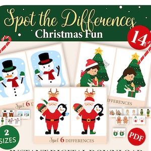 May include: A digital download graphic with the text "Spot the Differences Christmas Fun". The image features Christmas-themed illustrations, including snowmen, Santa Claus, and children decorating a Christmas tree. The image also includes the text "Instant Digital Download".