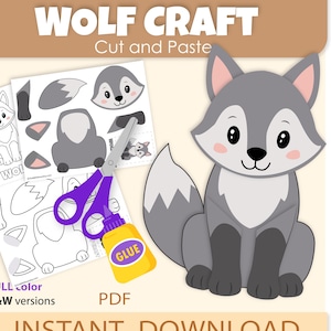 Könnte beinhalten: Ein Bastelset mit einem Wolf, mit dem Text "WOLF CRAFT Cut and Paste". Das Bild zeigt eine graue Wolfsillustration, ausgeschnittene Teile, eine Schere und Kleber. Der Text "FULL Color B&W versions PDF INSTANT DOWNLOAD" ist ebenfalls sichtbar.