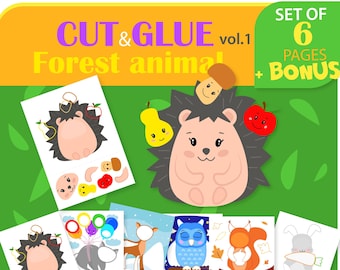 Op de afbeelding: Een set van zes printbare pagina's met knip- en plakactiviteiten van bosdieren. De afbeelding toont een schattige egel, uil, eekhoorn en andere dieren. Tekst omvat "CUT & GLUE vol.1 Forest animal" en "INSTANT DOWNLOAD".