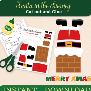 May include: Printable Christmas craft activity featuring Santa Claus stuck in a chimney. The printable includes a chimney, Santa's legs, a belt, pants, and boots. The text "Santa in the chimney, Cut out and Glue" is included on the printable. The text "Merry Xmas" and "Instant Download" are included at the bottom of the printable.