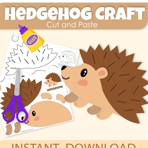Puede incluir: Un kit de manualidades de erizo, con un erizo de dibujos animados terminado, piezas recortadas, tijeras y pegamento. El kit incluye el texto "Hedgehog Craft Cut and Paste" y "Instant Download". El erizo es de color canela con púas marrones.