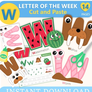 Letter W Craft Printable Worksheets: Walrus, Watermelon, Worm (Digital Download)