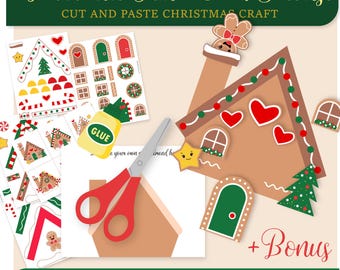 May include: A craft kit for decorating a gingerbread house. The kit includes cut-out house pieces, windows, doors, and decorative elements. The text "Decorate Your Own House" and "Cut and Paste Christmas Craft" are displayed at the top. A bottle of glue and red scissors are also included.