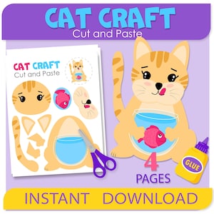 May include: Printable cat craft activity for kids. Cut and paste the pieces to create a cat holding a fishbowl. The craft includes 4 pages and instructions to use glue.