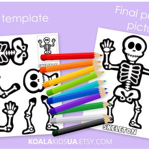 May include: A craft template and final project picture for a skeleton, with the text "Craft template" and "Final project picture". The template includes skeleton parts. The final picture shows a complete skeleton. Colored pencils in various colors are included.