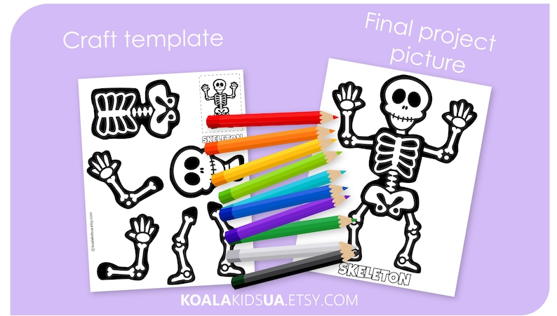 May include: A craft template and final project picture for a skeleton, with the text "Craft template" and "Final project picture". The template includes skeleton parts. The final picture shows a complete skeleton. Colored pencils in various colors are included.