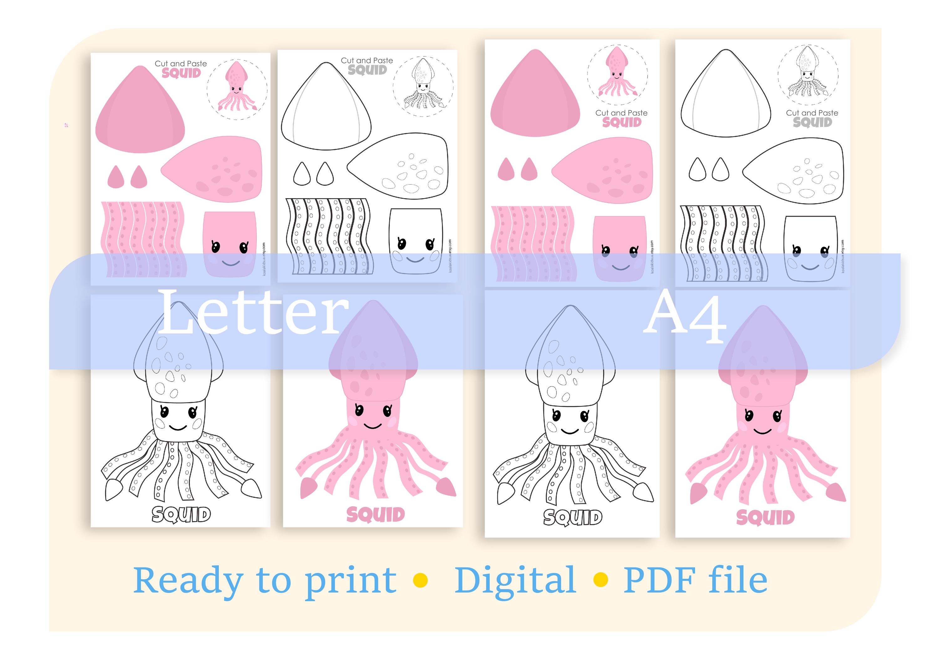 Printable Squid Craft: Sea Life Activity, Cut & Paste (digital