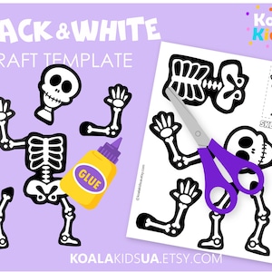 May include: A black and white craft template with a skeleton theme. The image includes cut-out skeleton parts, a glue bottle, and scissors. The words "BLACK & WHITE CRAFT TEMPLATE" are at the top. The background is light purple.