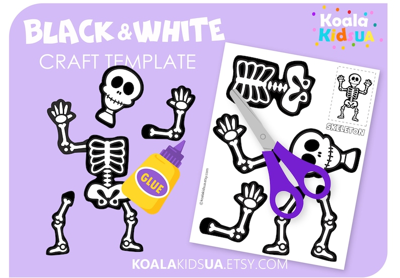 May include: A black and white craft template with a skeleton theme. The image includes cut-out skeleton parts, a glue bottle, and scissors. The words "BLACK & WHITE CRAFT TEMPLATE" are at the top. The background is light purple.