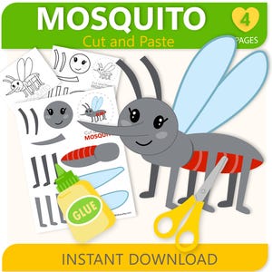 Op de afbeelding: Een doe-het-zelf mug knutselpakket met de tekst "MOSQUITO Cut and Paste" en "INSTANT DOWNLOAD". De afbeelding toont een cartoon mug, uitgesneden stukken, lijm en een schaar. Perfect voor knutselactiviteiten.