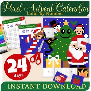 May include: A pixel art advent calendar with a Christmas theme. The image includes a Christmas tree, Santa Claus, and other holiday elements. The text "Pixel Advent Calendar" and "Color by Number" are displayed at the top. The image also includes the text "24 days" and "Instant Download".