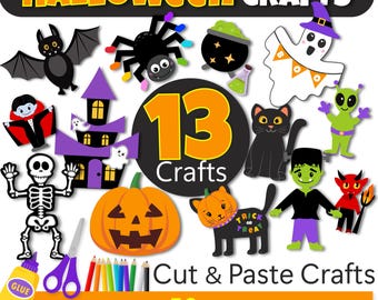 May include: A collection of 13 Halloween crafts featuring a bat, spider, cauldron, ghost, vampire, haunted house, skeleton, pumpkin, black cat, alien, Frankenstein monster, and devil. Includes glue, scissors, and colored pencils for cut and paste.