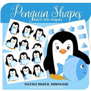 ペンギンに魚をあげる | 2D シェイプマッチング | アクティビティ ウィンタービジーブックページ | ファイルフォルダーゲーム 幼稚園学習 | モンテッソーリ印刷可能