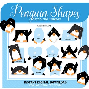 May include: A printable penguin-themed educational activity for children. The worksheet features a variety of penguin shapes, including a heart, oval, rectangle, pentagon, hexagon, star, and trapezium. The text "Penguin Shapes Match the shapes" is at the top of the worksheet.