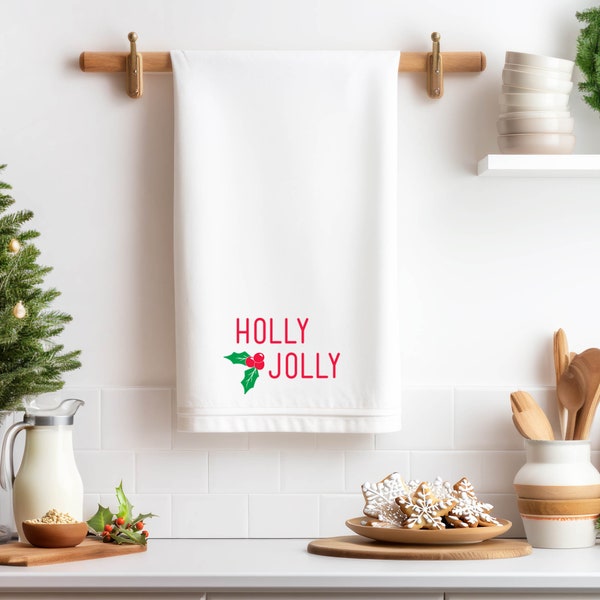 Holly Jolly Tea Towel - Festive Holiday Kitchen Decor - Holly Jolly Christmas - Hostess Gift - Winter Home Decor - 20x30"