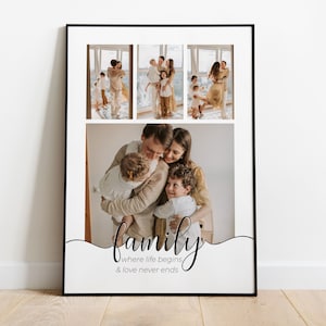 FAMILIE, wo das Leben beginnt und die Liebe nie endet, Fotocollage | Canva-Vorlage | Druckbare personalisierte Wandkunst | Bearbeiten Sie es selbst | 4 Fotos
