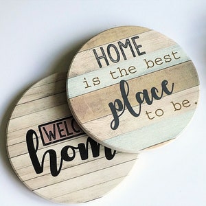 Rustic Farmhouse Stone & Ceramic Coasters for Drinks with Cork Back, Absorbent Coasters - Set of 6  with Holder, Housewarming Gifts New Home