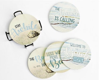 Beach Coastal & Ocean Sea Coasters for Drinks, Set of 6 Ceramic Stone Drink Coasters with Holder - Absorbent, Cork Base- Housewarming Gifts