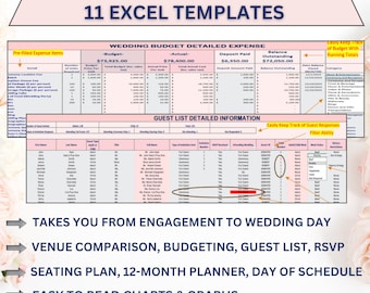 Puede incluir: Un gráfico rosa y blanco con el texto "All-In-One Wedding Planner 11 Excel Templates" y una lista de características que incluyen "Takes you from engagement to wedding day", "Venue comparison, budgeting, guest list, RSVP", "Seating plan, 12-month planner, day of schedule", "Easy to read charts & graphs", "Up to 300 guests", "Editable", "Easy to use", and "Instant download".