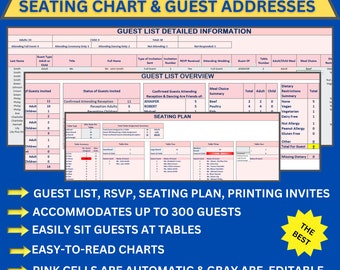 Stay organized with our Wedding Guest List RSVP Tracker and Table Seating Chart, Wedding Planner, Excel Spreadsheet,  Guest Invite Addresses