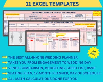 Puede incluir: Una ilustración digital de una plantilla de hoja de cálculo de Excel para la planificación de bodas. La plantilla incluye secciones para el presupuesto, la lista de invitados, el plano de asientos y el seguimiento de las respuestas RSVP. El texto "All-In-One Wedding Planner 11 Excel Templates" está en la parte superior de la imagen.