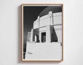Svartvitt tryck från Griffith Observatory – Modern arkitekturväggkonst, Kalifornien, Los Angeles, landmärke, Hollywood
