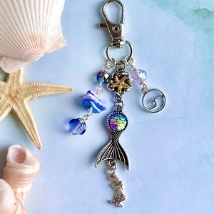 Purple Seashell Bag Charm with Mermaid Tail, Custom Ocean Wave Keychain, Beachy Backpack Accessory Gift for Teens