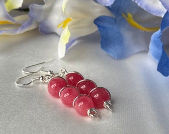 Rose Pink Rhodochrosite Gemstone Earrings, Wire Wrapped Genuine Stone Jewelry, Fuchsia Crystal Dainty Dangles