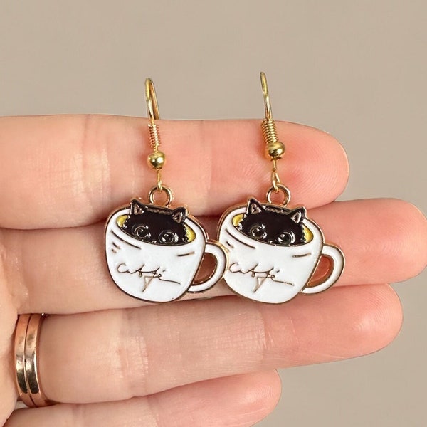 Cute Black Kitty Cat Dangle Earrings, Kawaii Kitten in Coffee Cups, Novelty Jewelry Gift for Animal Lover