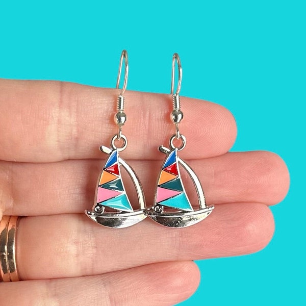 Colorful Nautical Sailboat Earrings, Tropical Sail Boat Vacation Jewelry, Unique Bon Voyage Sailor Gift
