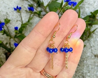 Elegant Royal Blue Gold Chain Statement Earrings, Custom Contemporary Cobalt Dangles, Sophisticated Jewelry Gift for Mom