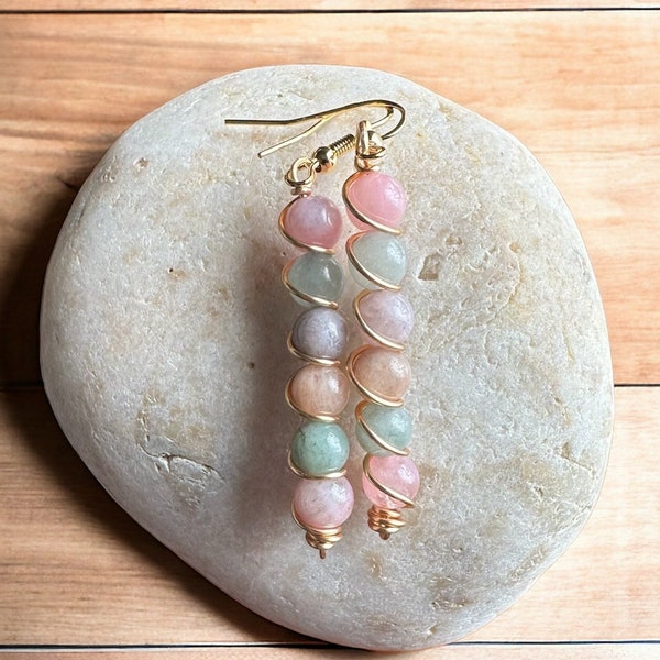 Colorful Wire Wrapped Pastel Gemstone Earrings, Macaron Inspired Lavender Pink Jade Jewelry, Modern Minimalist Gift for Bridesmaids