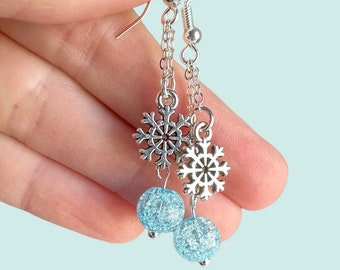 Elegant Silver Snowflake Statement Earrings, Sparkly Light Blue Beaded Winter Dangles, Unique Wintertime Jewelry