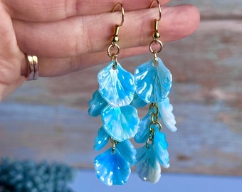 Beachy Blue Seashell Dangle Earrings, Ocean Inspired Shell Jewelry, Tropical Gift for Beach Lover