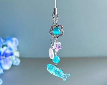 Cute Kawaii Whale Shark Phone Charm, Blue Beaded Cell Strap, Fun Animal Lover Accessory, Custom Gift for Teenager