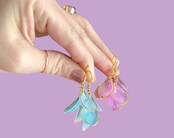 Pretty Pastel Flower Petal Earrings, Modern and Trendy Floral Jewelry, Custom Botanical Gift for Florist in Lavender, Teal or Blue