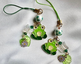 Kawaii Frog Phone Charm: Beaded Y2K Floral Cell Lanyard