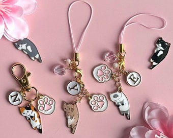 Cute Coquette Cat Phone Charms, Personalized Pink Purse Accessory or Keychain, Custom Kawaii Kitten Zipper Pull with Letter Initial